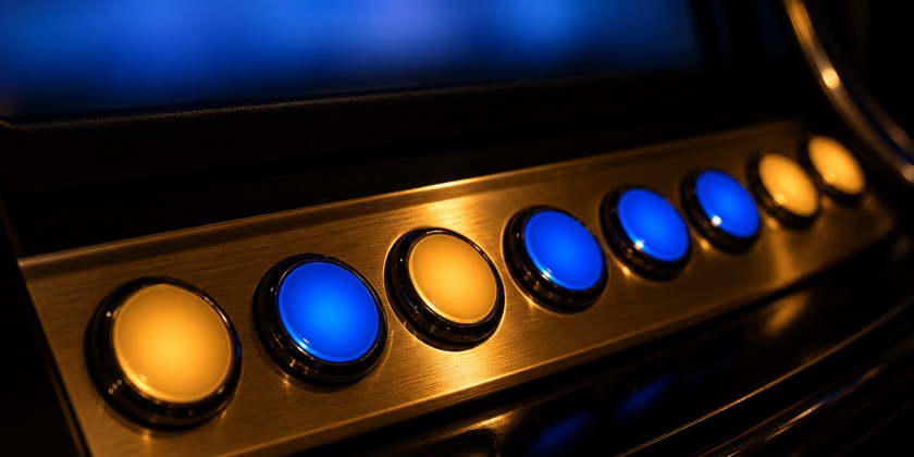 The gold-bezelled button deck of a poker machine glowing amber and blue in a darkened casino, the screen above thrown out of focus.