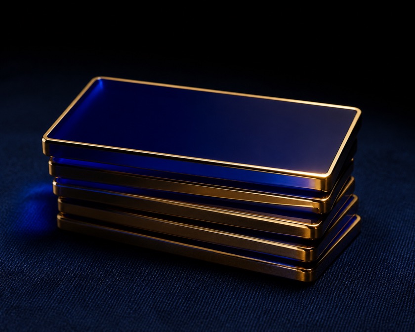 A short stack of blank lapis blue and gold casino plaques on dark felt, one narrow warm light picking out the bevelled gold edges.