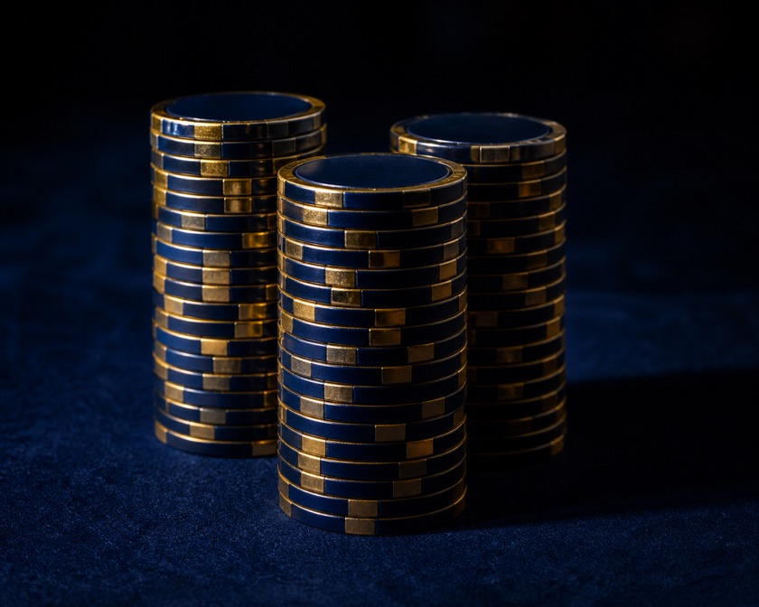 Three tall stacks of gold and lapis blue casino chips on dark navy felt, raked by a single warm spotlight that fades into near-black.